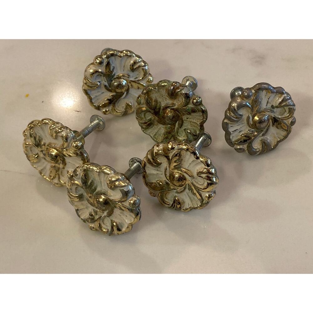 Vintage 1960s Amerock Floral Cabinet Knobs Brass White Set of 6 ~ So Lovely